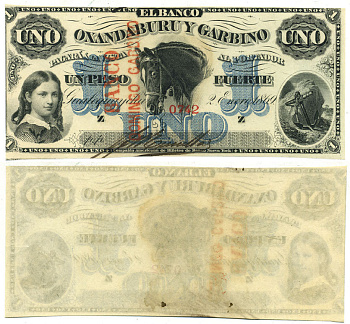 Аргентина 1 песо фуэрте ND Banco Domingo Garbino, надпечатка Pick S1802  бумага  UNC (пресс) 000-00-00