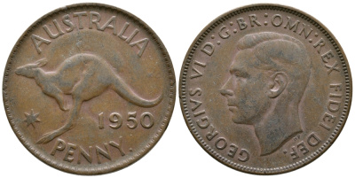 Австралия 1 пенни 1950 p, Георг VI (1936-1952), кенгуру KM 43 бронза 4683-725