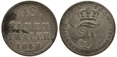 Мекленбург-Шверин 1/48 талера 1848 F.N., Фридрих Франц II (1842-1883) AKS 43, Jaeger 52, KM 301 (C107) серебро 1517-542