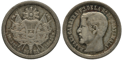 Гватемала 2 реала 1864 R KM 139 серебро 3896-723