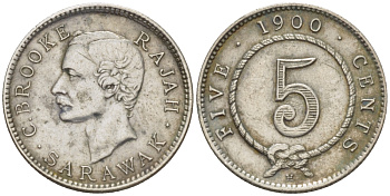 Саравак 5 центов 1900 Н, Чарльз Энтони Джонсон Брук, Королевство Саравак (1846 - 1946) KM 8 серебро XF 4044-944