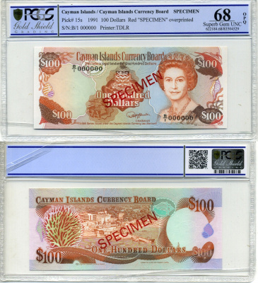 Каймановы острова набор из 4 банкнот 1991 образец, Specimen, в слабах PCGS - 5 долларов 65 Gem UNC, 10 долларов 65 Gem UNC, 25 долларов 67 Superb Gem UNC, 100 долларов 68 Superb Gem UNC Pick 12as, 13bs, 14s, 15s бумага 452-1-45