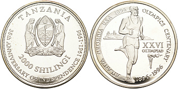 Танзания 2000 шиллингов 1996 XXVI Олимпийские игры 1996 года в Атланте, 100 лет Олимпийскому движению, бег, пробник, гладкий гурт серебро PROOF 06-135-15
