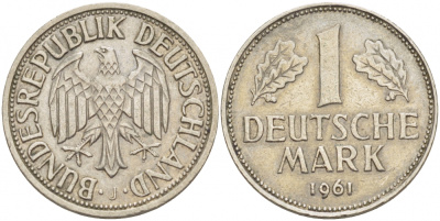 ФРГ 1 МАРКА 1961 J KM 110, J. 385 медно-никель 3718-1115