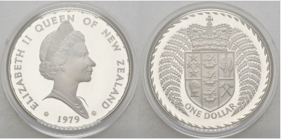 Новая Зеландия 1 доллар 1979 герб Новой Зеландии, Елизавета II (1952-2022), в оригинальной коробке KM 48а серебро PROOF 7-5-5-24