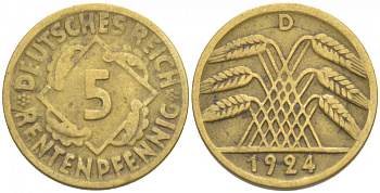 ГЕРМАНИЯ 5 РЕНТЕНПФЕННИГОВ 1924 D, KM 32, J. 308 алюминиевая бронза 4532-548