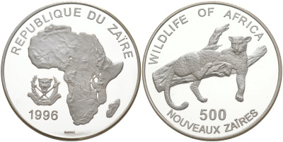 Заир 500 новых заиров 1996 серия защита окружающей среды, леопард, тираж 10000 экз. KM 20 серебро PROOF 1074-5-61