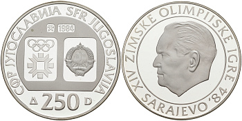 Югославия 250 динаров 1984 XIV зимние Олимпийские игры в Сараево 1984 года, БРОЗ ТИТО KM 108 серебро PROOF 00-00