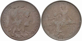Франция 10 сантимов 1906 тип Дюпюи KM 843, LA FRANC 136.16 бронза 109-222