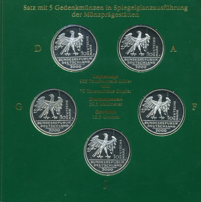 ФРГ набор из 5 штук по 10 марок 2000 A, D, F, G, J, 10 лет немецкого единства KM 201 серебро PROOF 6-5-2-12