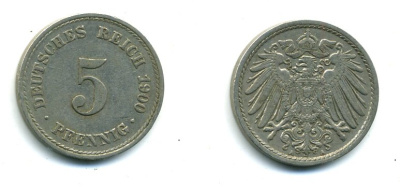 ГЕРМАНИЯ 5 ПФЕННИГОВ 1900 A, KM 11, J. 12 медно-никель 54-368
