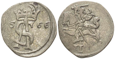 Великое княжество Литовское 2 денария 1566 Сигизмунд II Август (1544-1572), вес 0,64 гр. Gumowski 595, Kopicki 3227. серебро 1517-123