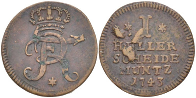 Гессен-Кассель 1 геллер 1743 Фридрих I (1730-1751), вес 2,19 гр. KM 400 медь 1517-1133