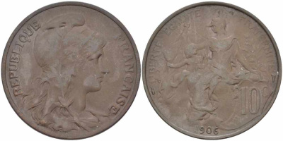 Франция 10 сантимов 1906 тип Дюпюи KM 843, LA FRANC 136.16 бронза 109-222