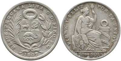 ПЕРУ 1/5 СОЛЯ 1907 FG, ПРОБА 900, ВЕС 5 ГР. KM 205.2 серебро 119-135