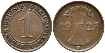 Германия 1 рентенпфенниг 1923 G KM 30, J. 306 бронза 100-617
