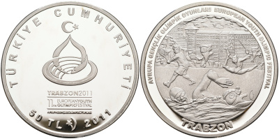 Турция 50 лир 2011 Европейский молодежный олимпийский фестиваль 2011 - Трабзон, плавание серебро PROOF 11-104-41
