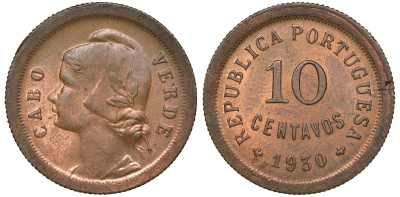 Португальское Кабо-Верде 10 сентаво 1930 KM 2 бронза aUNC 1521-221