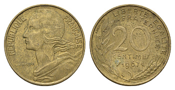 Франция 20 сантимов 1967 KM 930 алюминиевая бронза 3336-921