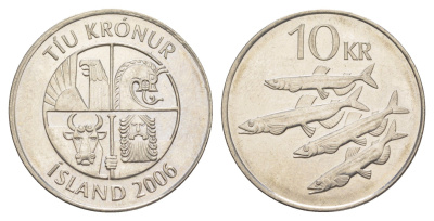 Исландия 10 крон 2006 рыбы KM 29.1a сталь плакированная никелем UNC 4523-351