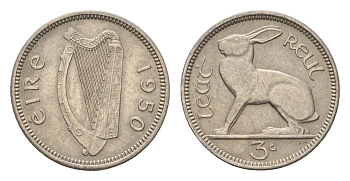 Ирландия 3 пенса 1950 заяц KM 12a медно-никель 4690-317