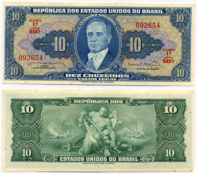 БРАЗИЛИЯ 10 КРУЗЕЙРО 1963 Жетулио Варгас Pick 167b бумага aUNC 8564-44-3