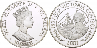 Остров Святой Елены 50 пенсов 2001 100 лет со дня смерти Королевы Виктории (1837-1901), тираж 10000 экз. KM 20a серебро PROOF 11-178-23