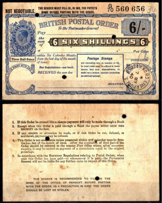 Великобритания 6 пенсов 1936-1952 вид векселя, который использовался для отправки денег через почту в Великобритании бумага 451-1185-3