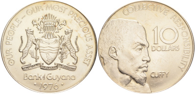 Гайана 10 долларов 1976 Fm, 10 лет независимости, Каффи, очень редкая, тираж менее 100 экз., RARE KM 44 медно-никель UNC 00-801-66