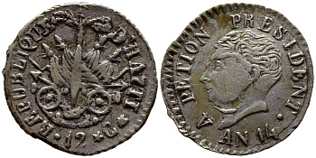 Гаити 12 сантимов 1817 14 год, Президент Александр Петион, большая голова KM 13 серебро 00-000-00