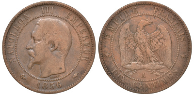 Франция 10 сантимов 1856 A, Наполеон III (1852-1870) KM 771.1, Le Franc 133.32 бронза 4168-122