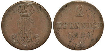 Ганновер 2 пфеннига 1838 A, Эрнст Август (1837-1851) KM 174.1, AKS 122, J. 55 медь 4681-1135