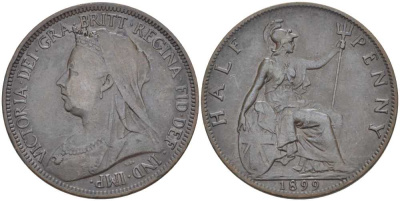 Великобритания 1/2 пенни 1899 Виктория (1837-1901) KM 789, Spink 3962 бронза 117-947