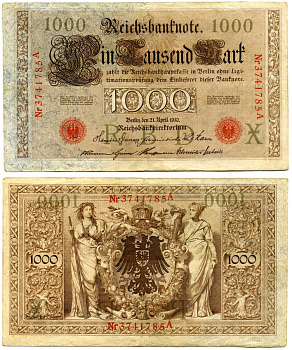 Германия 1000 марок 1910 21 апреля 1910, красная печать, номер семизначный, серия A, буква X, выпуск АПРЕЛЬ - ИЮЛЬ 1918 Pick 44, Роземберг 45b бумага VF 2194-22-1-2
