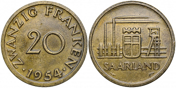 Саарланд 20 франков 1954 индустрия KM 2 алюминиевая бронза 51-2637