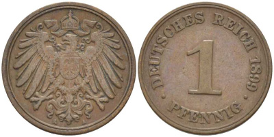 ГЕРМАНИЯ 1 ПФЕННИГ 1899 A KM 10, J. 10, Weege 2 медь 211-233