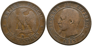 Франция 10 сантимов 1853 D, Наполеон III (1852-1870) KM 771.4, Le Franc 133 бронза 08-1213