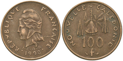 Французская Новая Каледония 100 франков 1998 хижина среди сосен и пальм, (IEOM) KM 15, Schoen 16, Lec 139b никель латунь 4140-1124