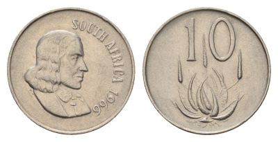 ЮАР 10 центов 1966 Ян ван Рибек (1619-1677), South Africa, легенда на африкаанс, цветок алоэ KM 68.1 медно-никель 4682-727