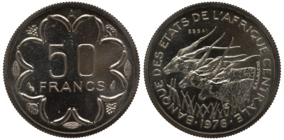 Центрально-Африканские штаты 50 франков 1976 пробник, ESSAI KM E8 никель UNC 5010-231