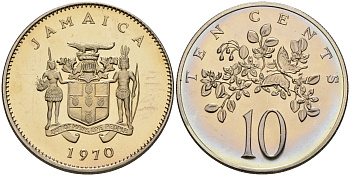 Ямайка 10 центов 1970 P, тираж 12000 экз., Франклин Минт KM 47 медно-никель PROOF 1096-2-55