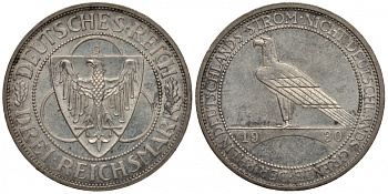 Германия 3 марки 1930 G, освобождение Рейнлянда J. 345, KM 70 серебро aUNC 00-814-73
