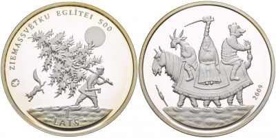 Латвия 1 лат 2009 500 лет рождественской ели KM 105 серебро PROOF 11-167-12