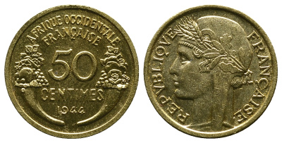 Французская Западная Африка 50 сантимов 1944 редкая KM 1, Lec 1 алюминиевая бронза aUNC 4381-937