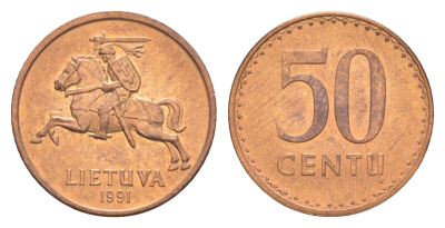 Литва 50 центов 1991 KM 90 бронза UNC 4115-1021