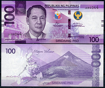 Филиппины 100 писо 2024 Мануэль Акунья Рохас, вулкан Майон, китовая акула Pick 232A  бумага  UNC (пресс) 450-50-2