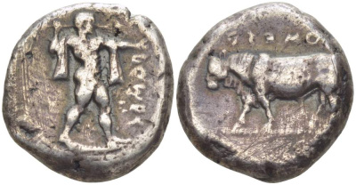 Лукания, Посейдония статер 445-420 гг. до н.э. ?OME?, Посейдон с воздетым трезубцем / ретроградная легенда ?OME?, бык, вес 7,80 г HN Italy 1114 серебро 00-821-56