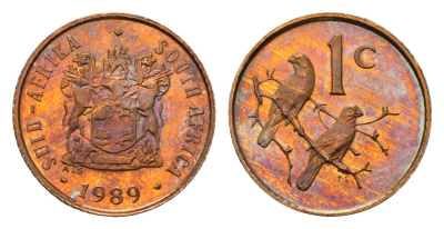 ЮАР 1 цент 1989 герб, капские воробьи KM 82 бронза PROOF 4690-865