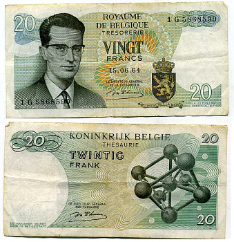 Бельгия 20 франков 1964 Бодуэн I, атомиум, Esselens Pick 138 (2) бумага 7457-40-1-2