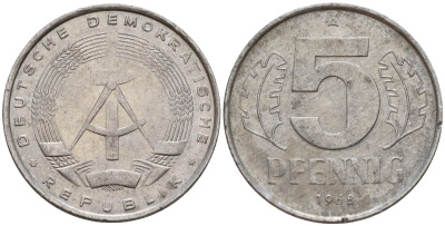 ГДР 5 пфеннигов 1968 A KM 9.1 алюминий 206-1124